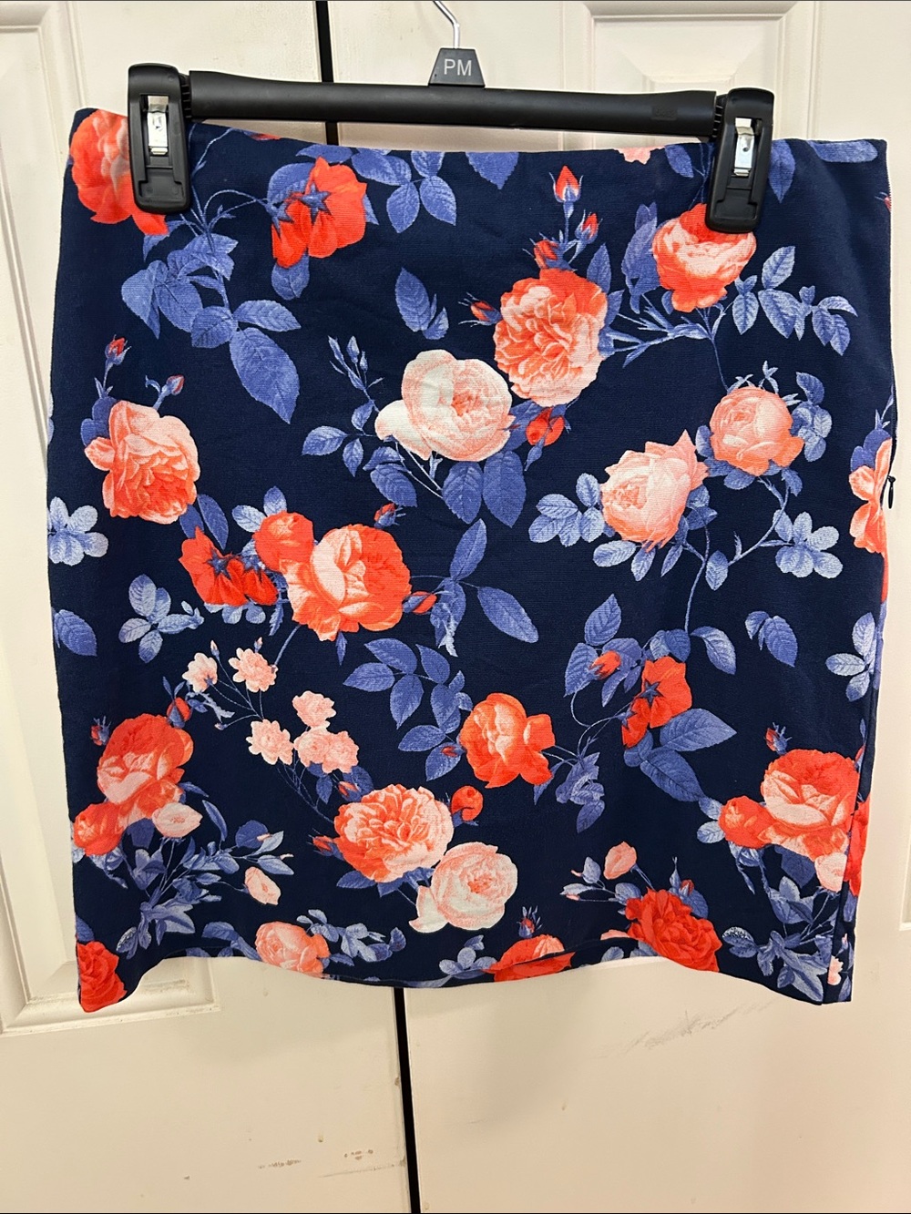 Talbots Navy Floral Pencil Skirt with Coral Roses